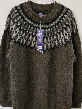Men's Dark Green Patterned Yoke Crewneck Wool Sweater